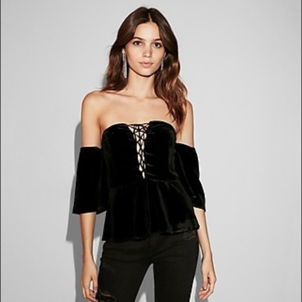 Off The Shoulder Velvet Lace-Up Top